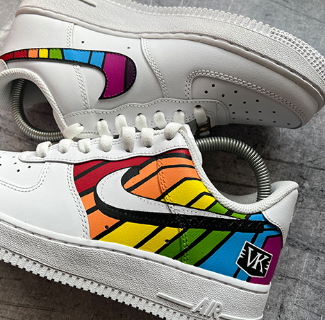 white air force 1 trainers with VK rainbow drinks branding 