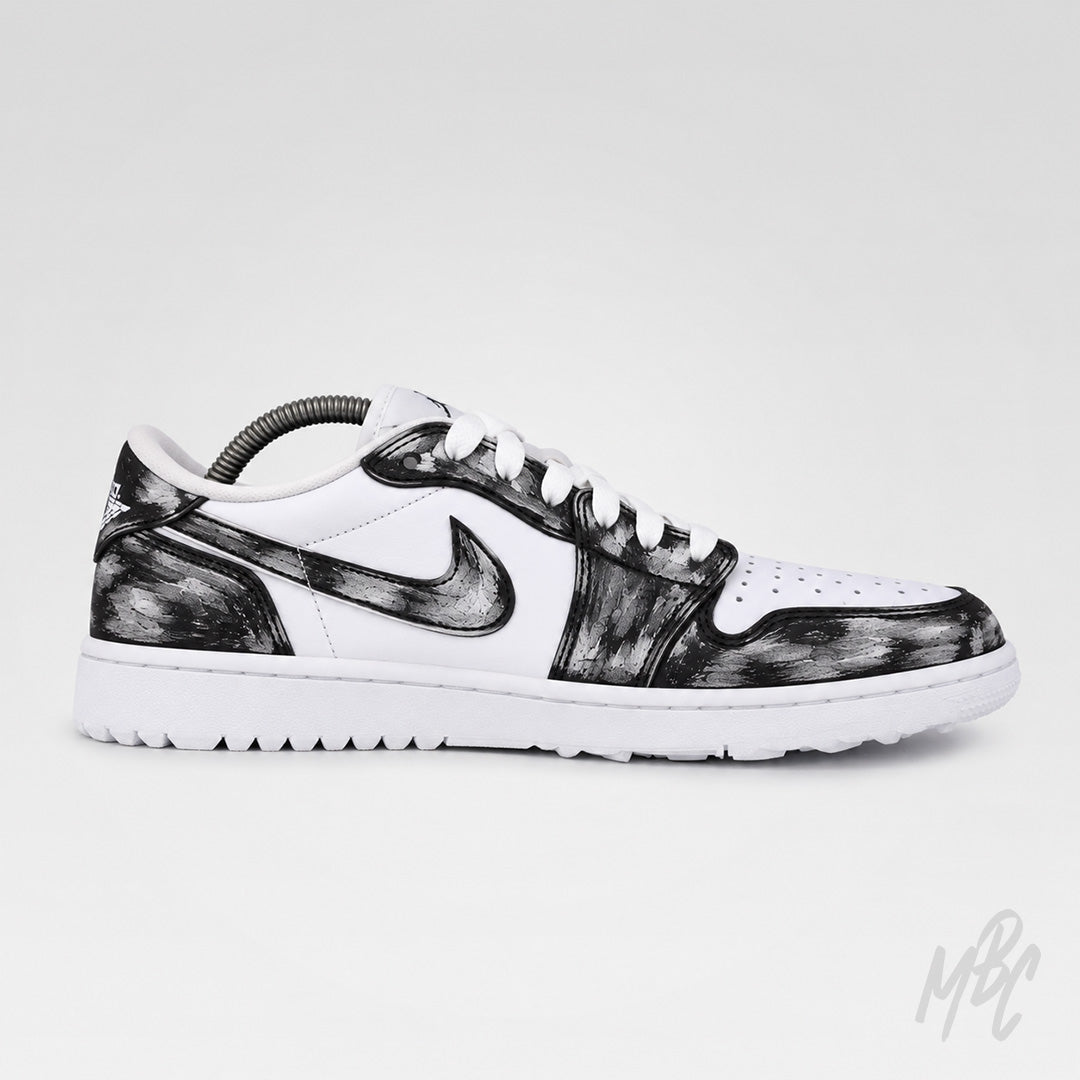 Sneaker with green and white design on a light gray background