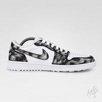 Sneaker with green and white design on a light gray background