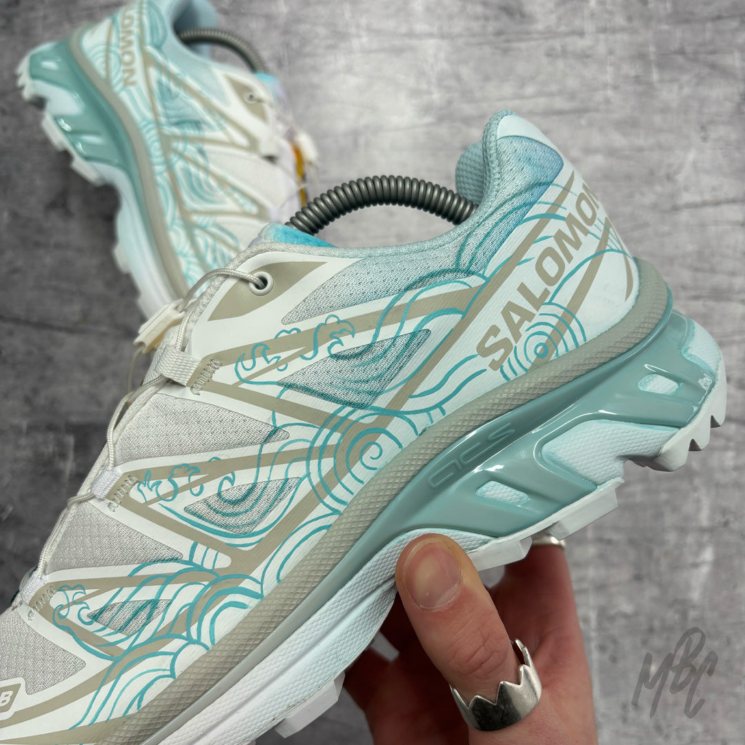 Close up Waveform Salomon XT-6 with blue dip dyed heel and hand painted waves