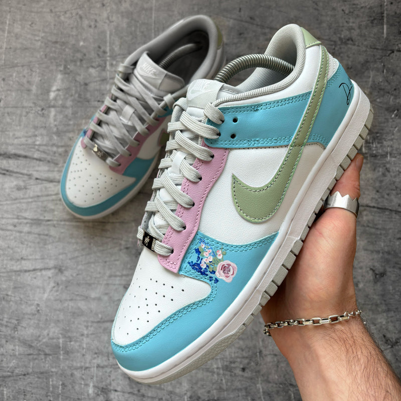 Custom Nike Dunk wedding sneakers with pastel colourway, floral artwork and personalised details