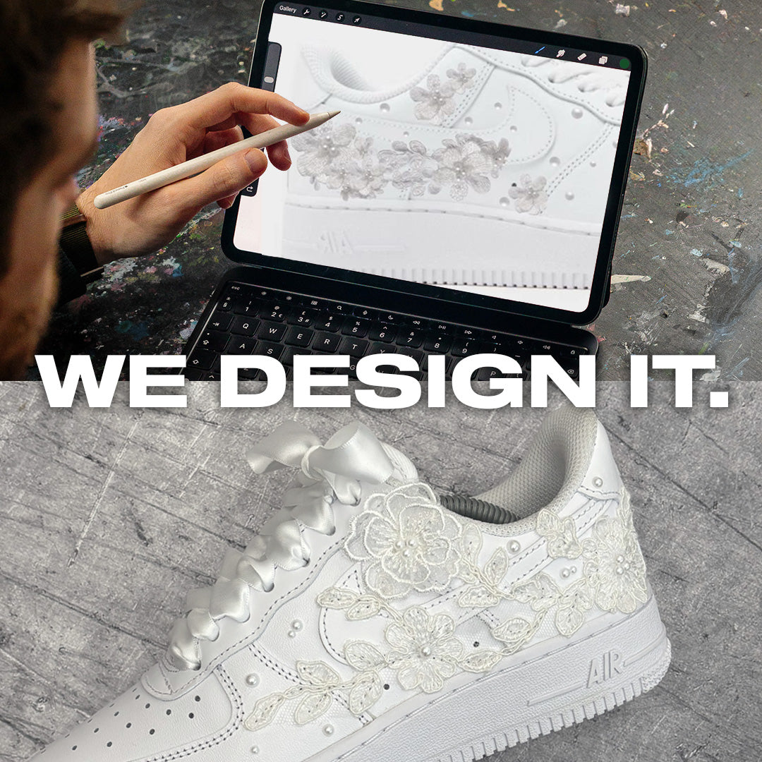 Digital wedding sneaker mock-up being designed on iPad alongside finished custom white Nike Air Force 1 wedding sneaker with lace floral appliqué and pearl detailing