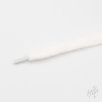 Close-up of a soft, fuzzy white cashmere shoelace with a clear plastic aglet on a white background.