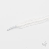 Close-up of a white mesh shoelace with ruffled edges and a clear plastic aglet on a white background.