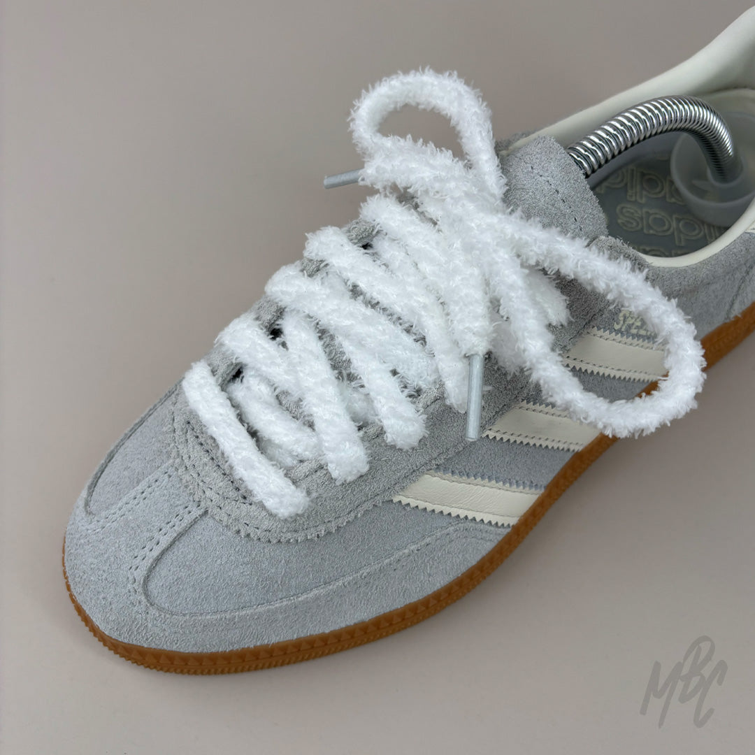 White Fluffy Shoelaces on Adidas Grey Spezial