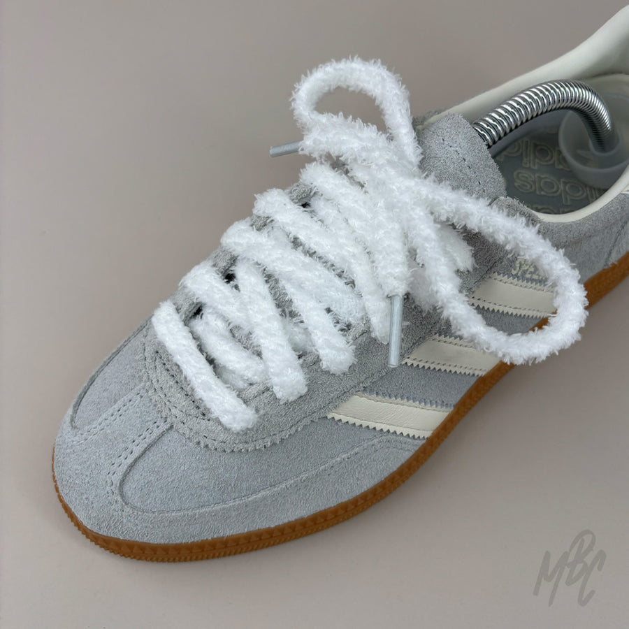 White Fluffy Shoelaces on Adidas Grey Spezial