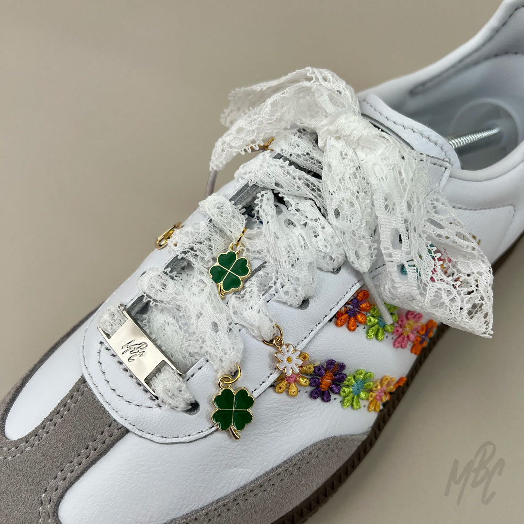 White Doily Shoelaces on Adidas Samba Custom Sneakers