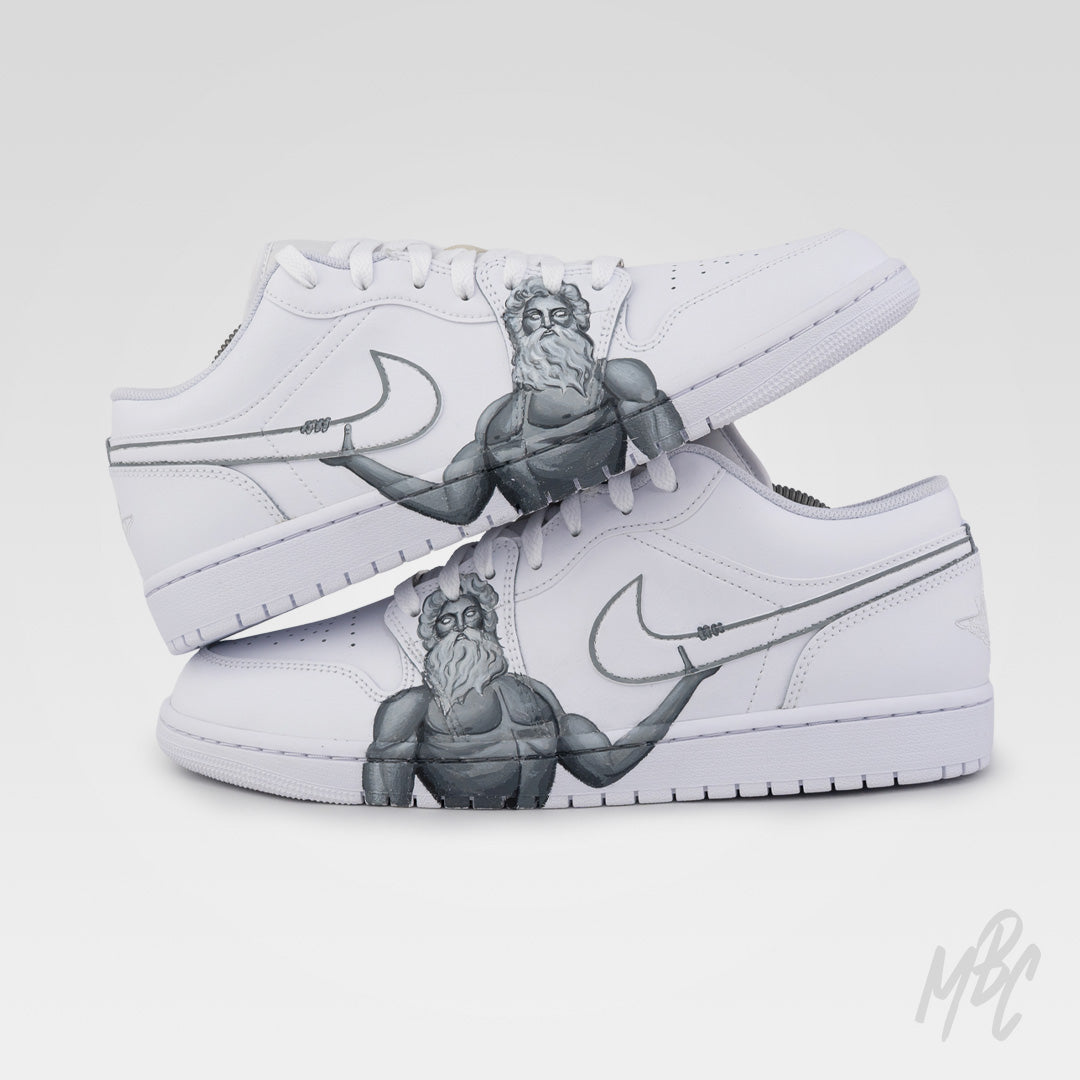 Zeus custom Jordan 1 Low sneakers featuring hand-painted Greek mythology artwork with a monochrome Zeus illustration across both shoes