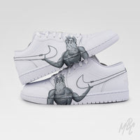 Zeus custom Jordan 1 Low sneakers featuring hand-painted Greek mythology artwork with a monochrome Zeus illustration across both shoes