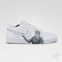Zeus Jordan 1 Low custom sneaker featuring hand-painted Greek god artwork extending across the side panel and midsole
