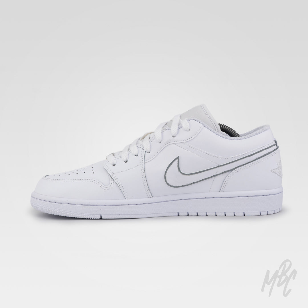 Custom Zeus Jordan 1 Low sneaker with white leather upper and metallic silver Nike Swoosh inspired by Greek mythology