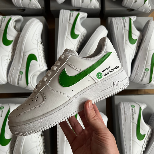 customised white and green intuit quickbook sneakers