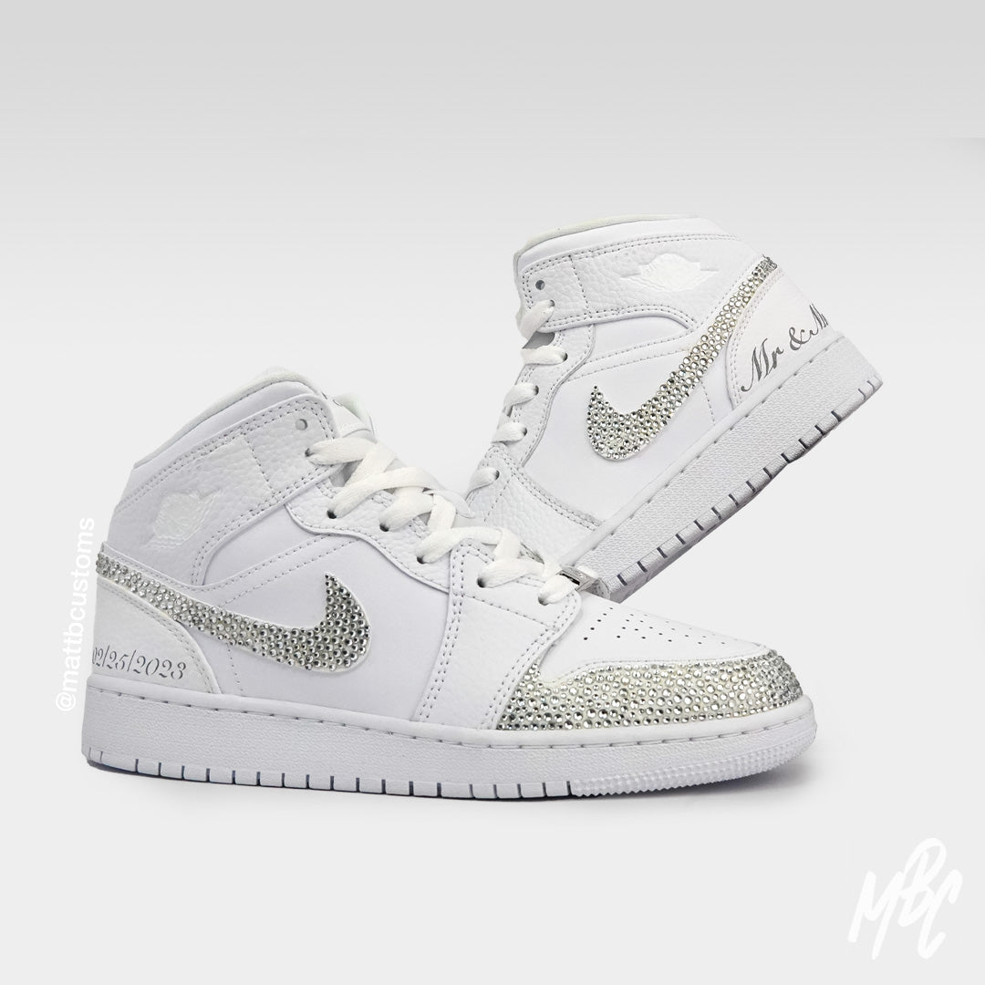White Jordan 1 Mid Wedding Design with Silver Sparkly Diamonte Crystals.