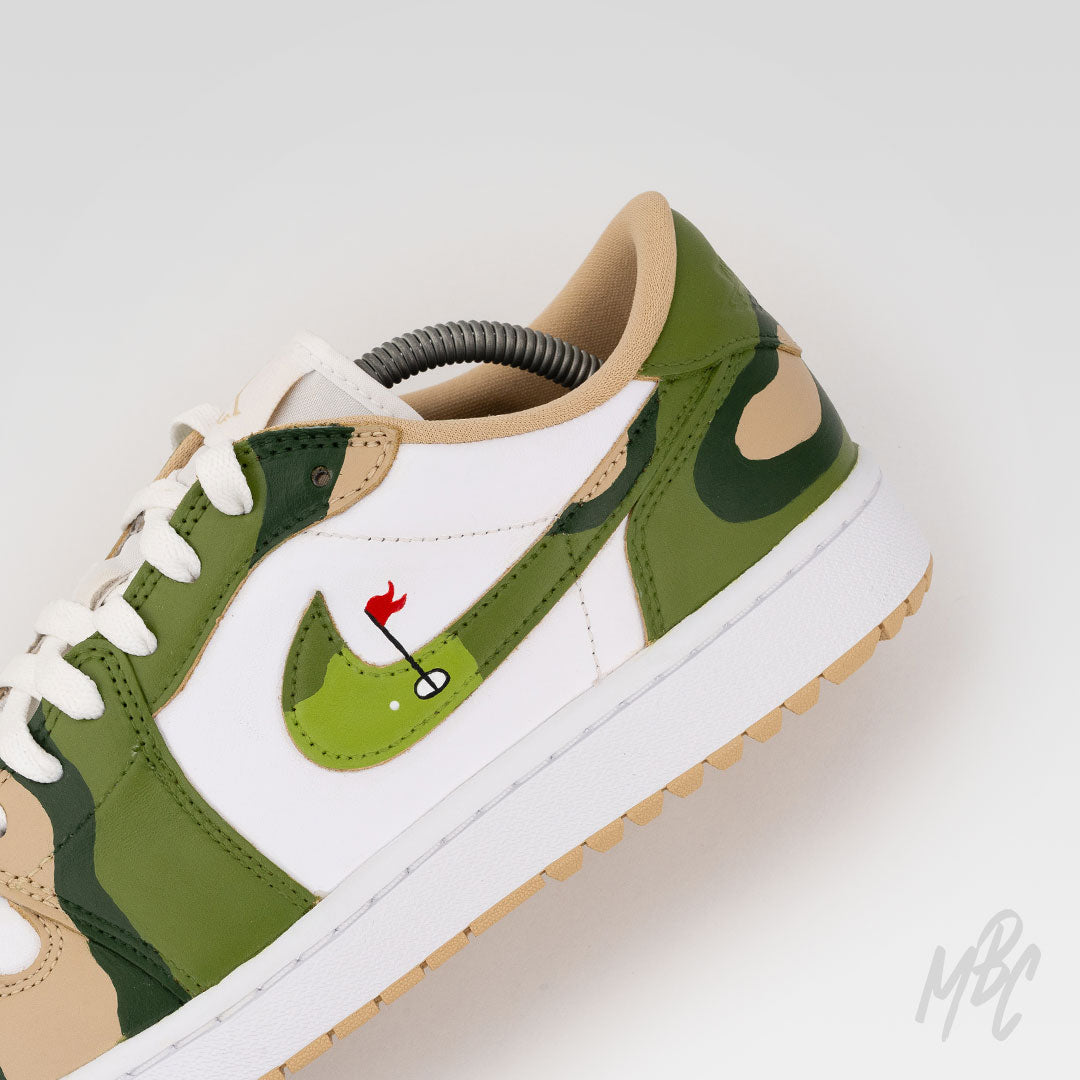 Custom golf shoes Nike Air Jordan 1 Low Golf Fairway Camo with camouflage panels and golf green swoosh illustration