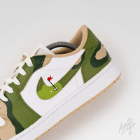 Custom golf shoes Nike Air Jordan 1 Low Golf Fairway Camo with camouflage panels and golf green swoosh illustration