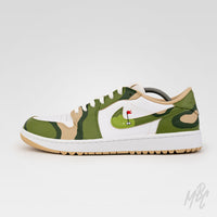 Custom Jordan golf shoes Fairway Camo Air Jordan 1 Low Golf with green camouflage design and golf flag swoosh detail
