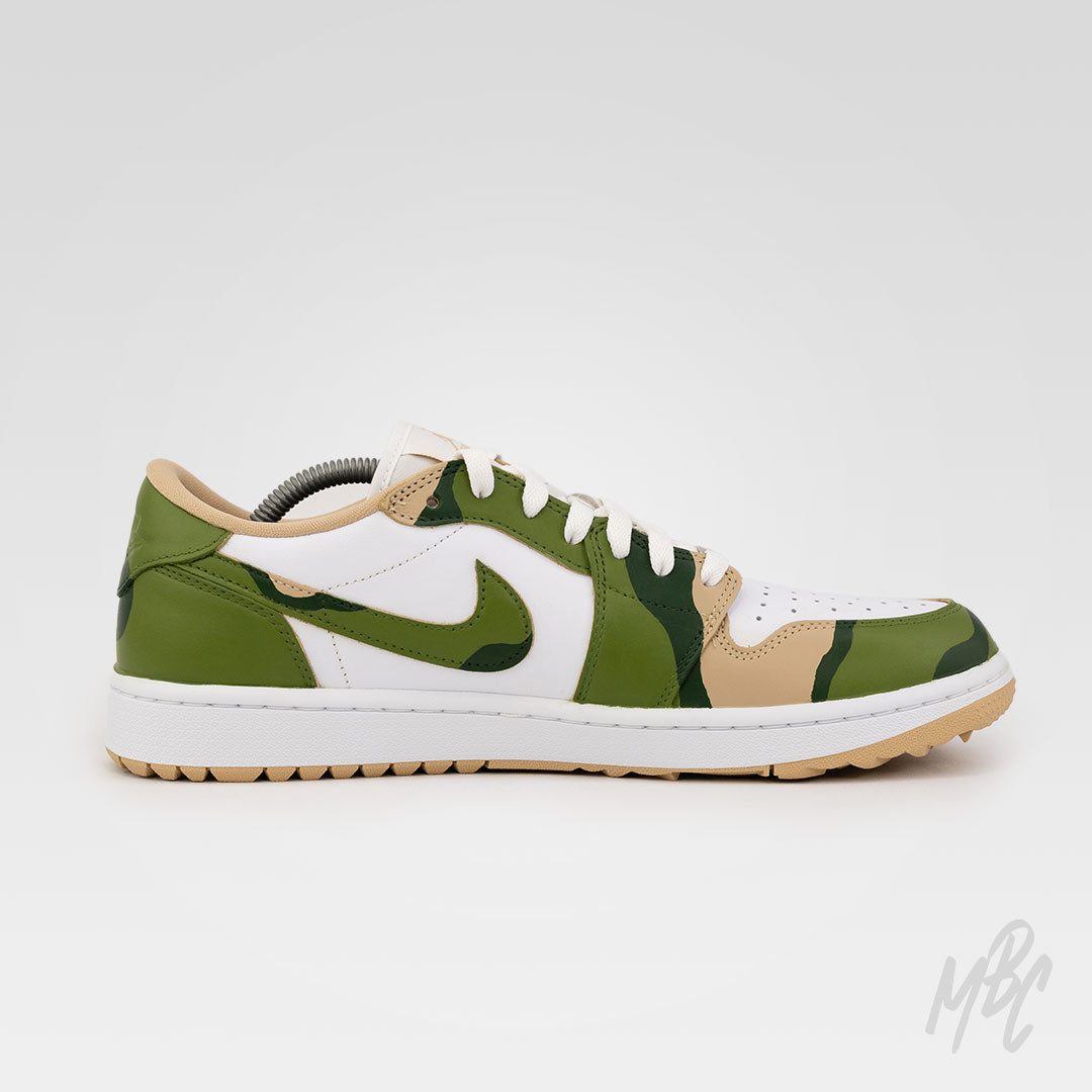 Custom Jordan golf shoes Fairway Camo Air Jordan 1 Low Golf with green camouflage design and golf flag swoosh detail