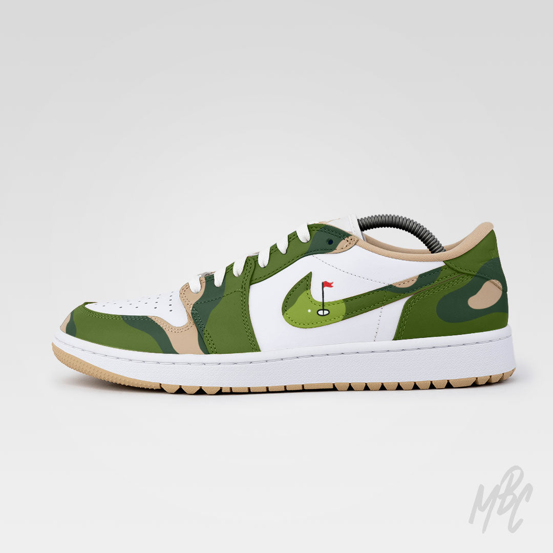 Custom golf shoes Nike Air Jordan 1 Low Golf Fairway Camo with camouflage panels and golf green swoosh illustration