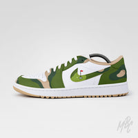 Custom golf shoes Nike Air Jordan 1 Low Golf Fairway Camo with camouflage panels and golf green swoosh illustration