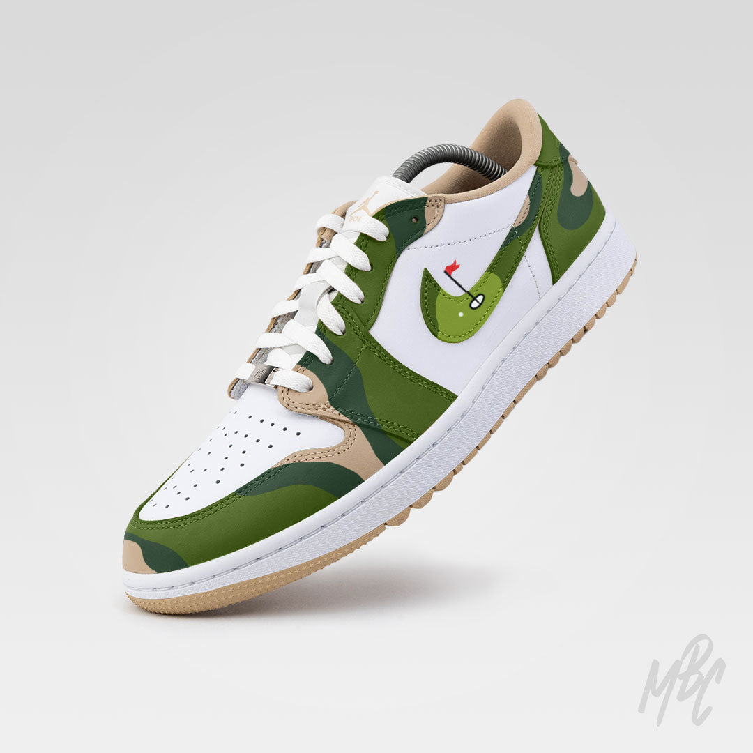 Fairway Camo custom Nike Air Jordan 1 Low Golf sneaker with green camo pattern and golf hole flag swoosh design
