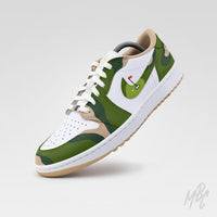 Fairway Camo custom Nike Air Jordan 1 Low Golf sneaker with green camo pattern and golf hole flag swoosh design