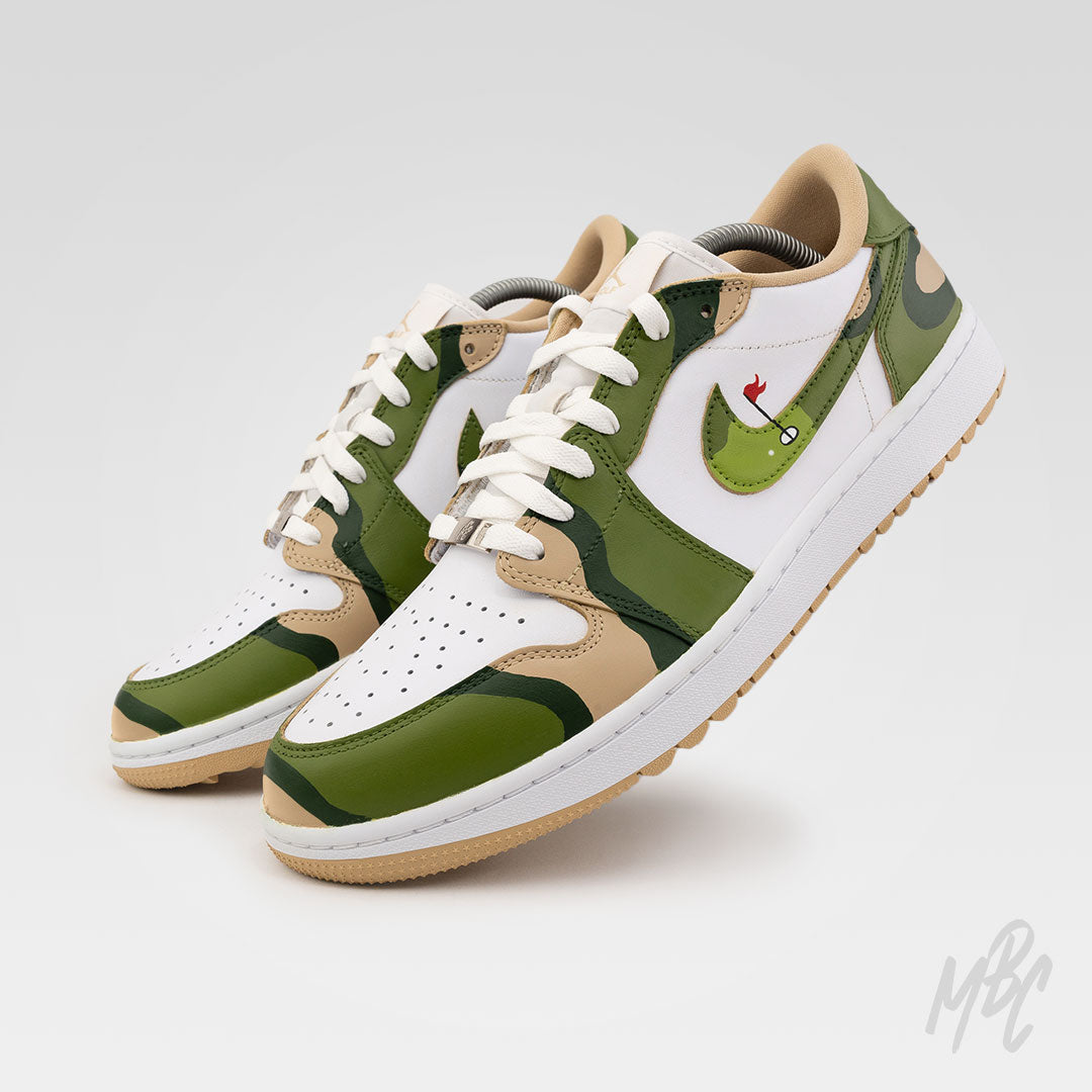 Fairway Camo custom Nike Air Jordan 1 Low Golf sneaker with green camo pattern and golf hole flag swoosh design