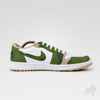 Custom Jordan golf shoes Fairway Camo Air Jordan 1 Low Golf with green camouflage design and golf flag swoosh detail