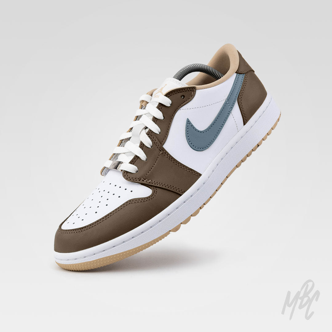 Fairway Fog custom Nike Air Jordan 1 Low Golf sneaker with brown overlays, white base and grey swoosh