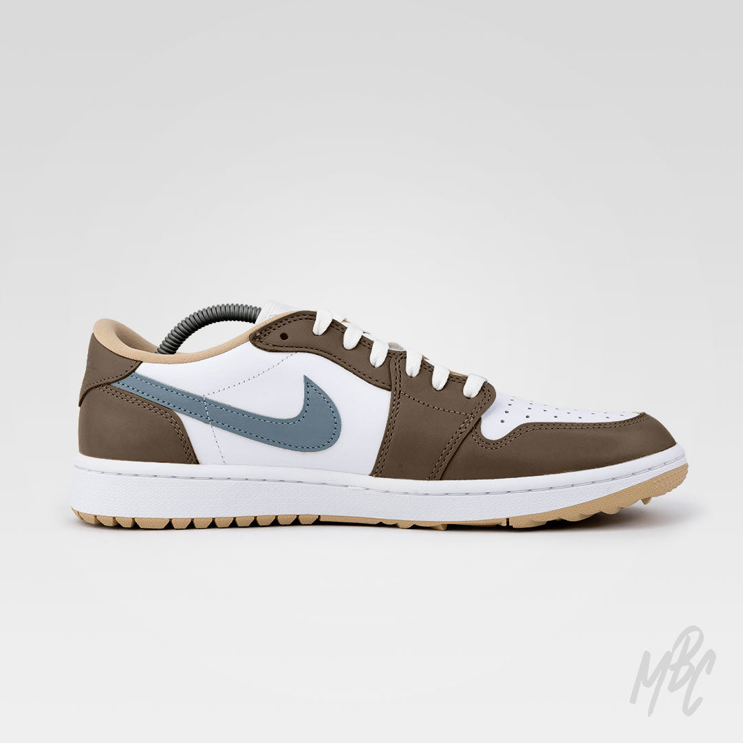 Custom Jordan golf shoes Fairway Fog Air Jordan 1 Low Golf in brown, white and grey leather with neutral tones