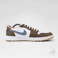 Custom Jordan golf shoes Fairway Fog Air Jordan 1 Low Golf in brown, white and grey leather with neutral tones