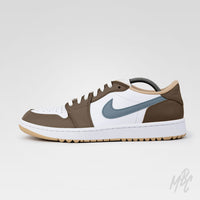 Custom golf shoes Nike Air Jordan 1 Low Golf Fairway Fog colourway in earthy brown, white and grey tones