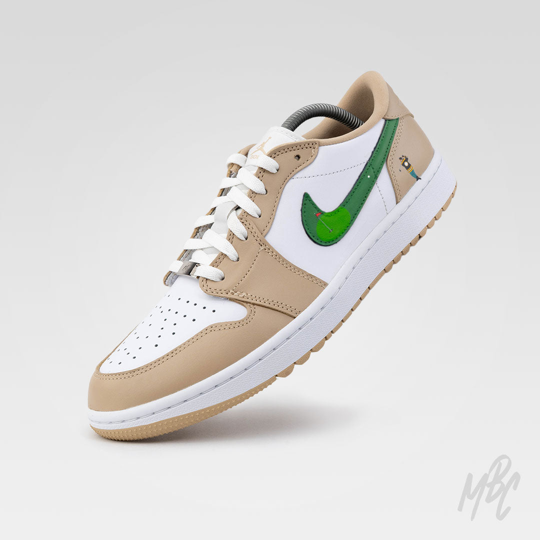 Custom Jordan golf shoes Happy Golfing Beige Air Jordan 1 Low Golf with green swoosh, putting green detail and golfer illustration