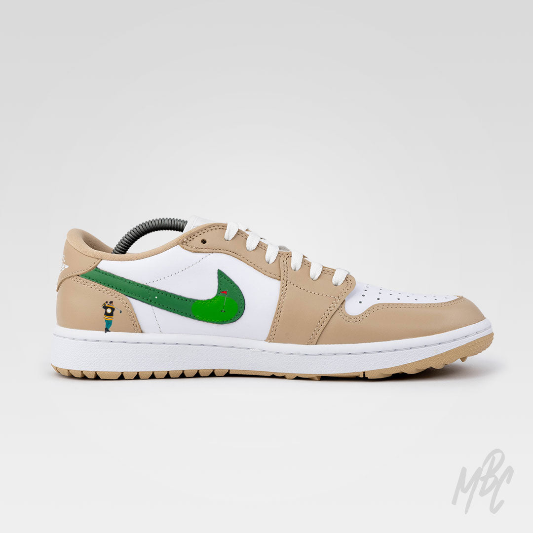 Custom golf shoes Nike Air Jordan 1 Low Golf Happy Golfing Beige with hand painted golfer illustration and putting green swoosh