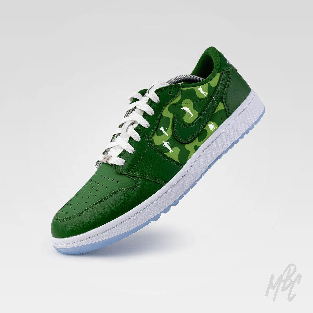 Lines of Play custom Nike Jordan 1 Low Golf sneaker with green camouflage panels and golfer silhouette graphics