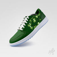 Lines of Play custom Nike Jordan 1 Low Golf sneaker with green camouflage panels and golfer silhouette graphics