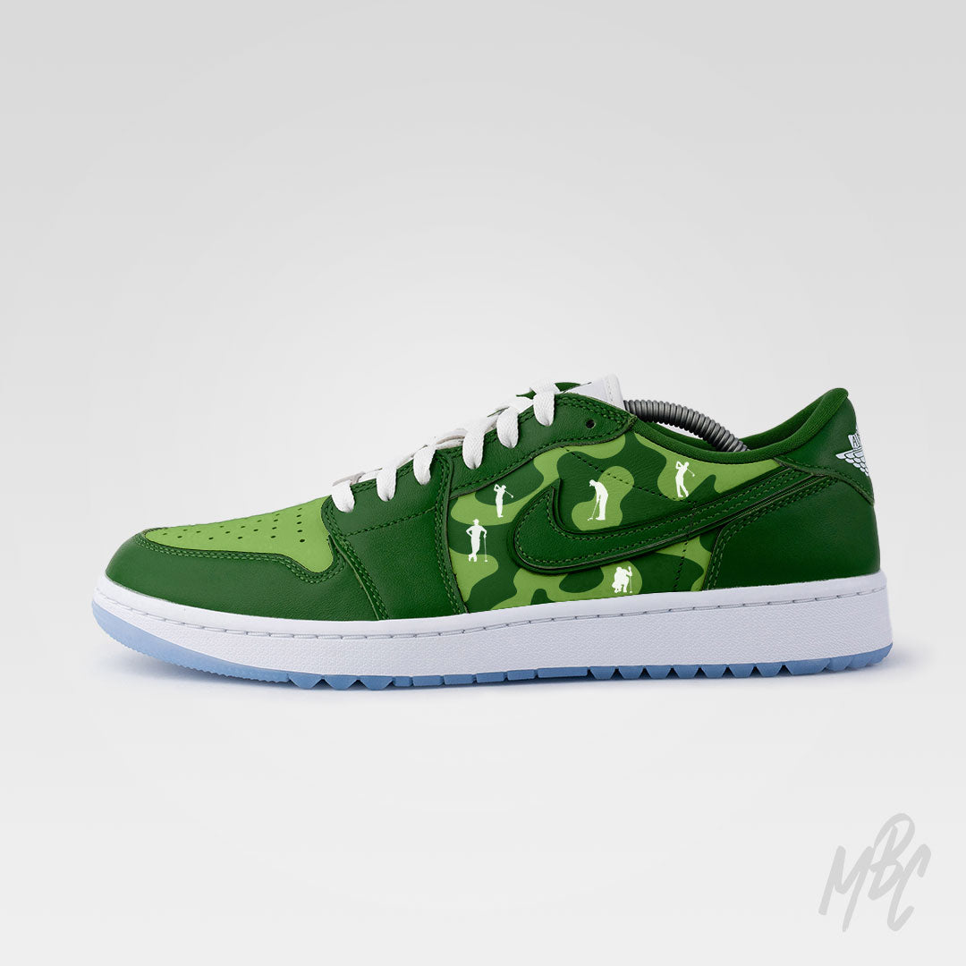 Custom green camouflage Nike Jordan 1 Low Golf sneaker with white golfer silhouettes and golf inspired pattern design