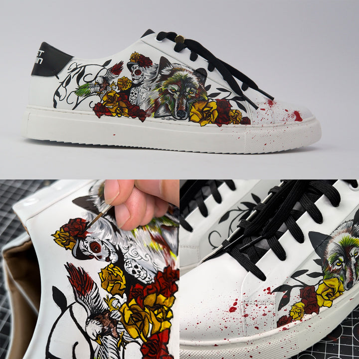 MattB Customs created hand-painted sneakers inspired by Bad Bunny’s character ‘The Wolf’ for Sony’s Bullet Train movie PR campaign.
