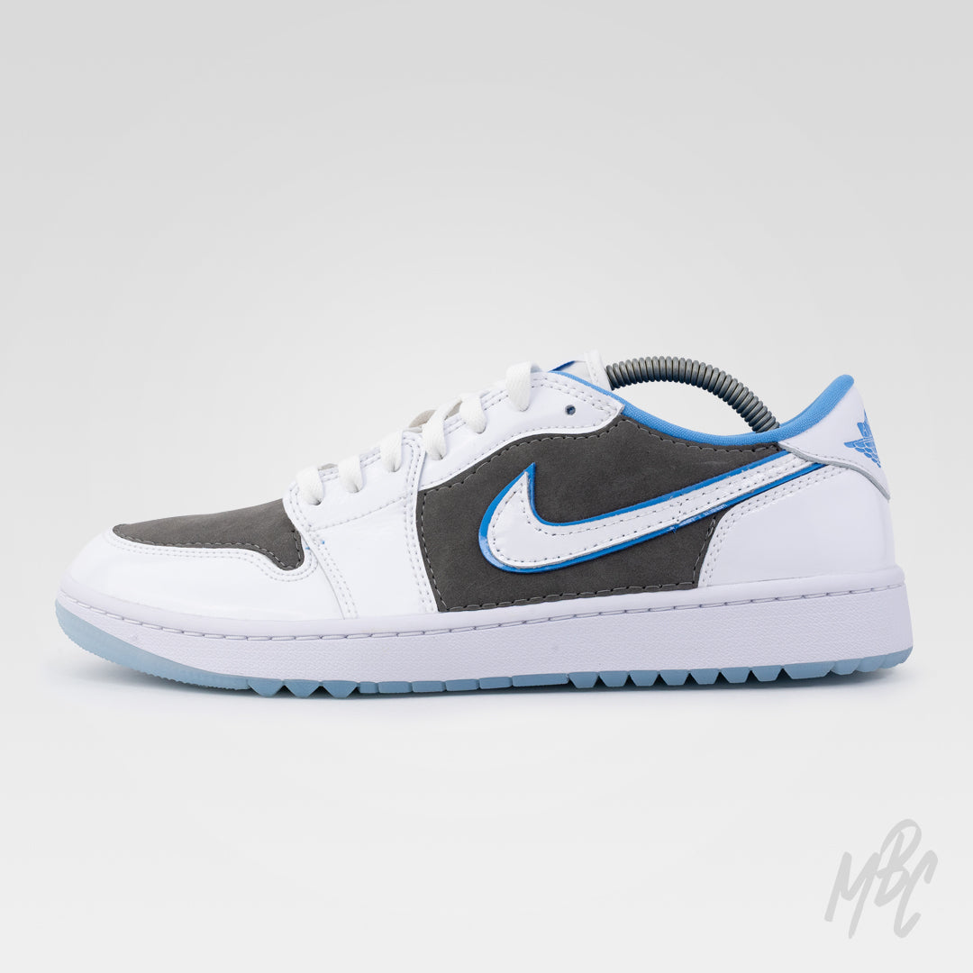 Custom White Nike Jordan 1 Low Golf Legend sneaker customised with slate grey suede material cut and sewn to the shoe 