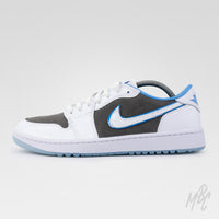 Custom White Nike Jordan 1 Low Golf Legend sneaker customised with slate grey suede material cut and sewn to the shoe 