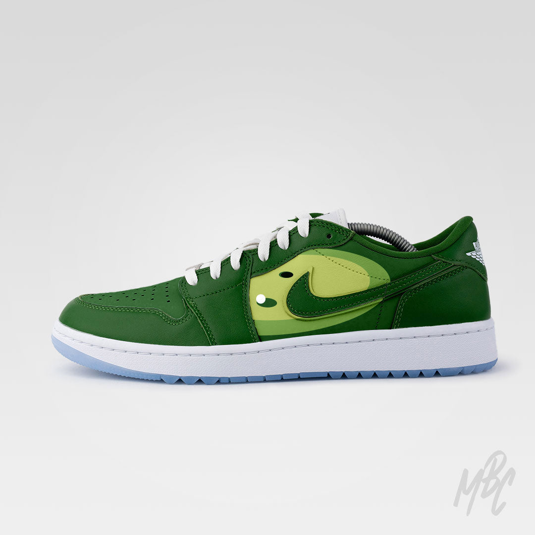 Custom green Nike Jordan 1 Low Golf sneaker with golf pin flag artwork and layered green fairway inspired design
