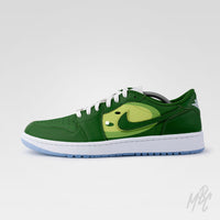 Custom green Nike Jordan 1 Low Golf sneaker with golf pin flag artwork and layered green fairway inspired design