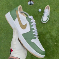 Fairway Gold custom Jordan 1 Low Golf shoes with hand-painted green and gold leather panels showcased on a golf course.