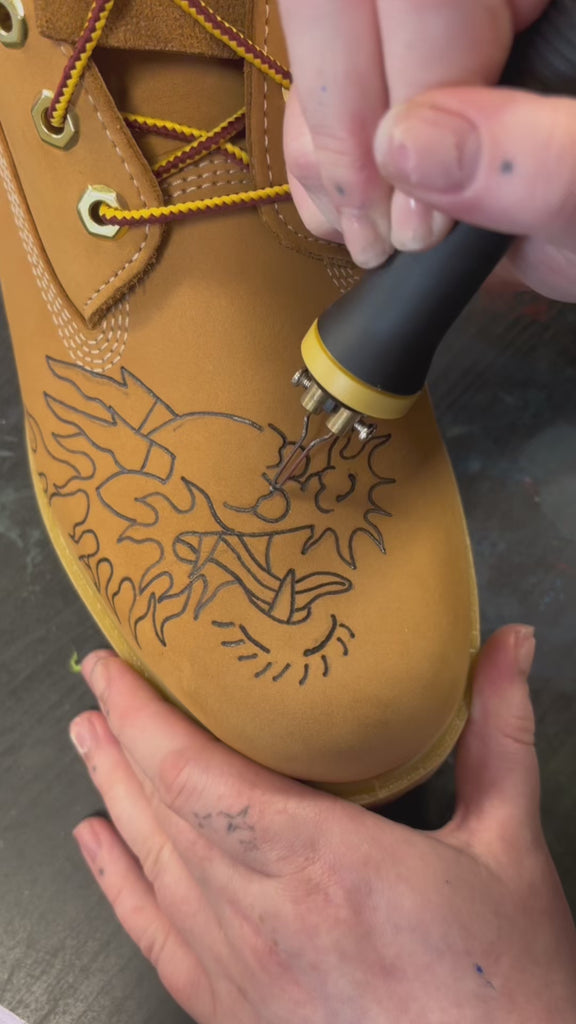 Custom Timberland  Boots - Flaming Dragon Pyrography Tan