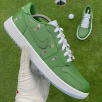 Sunday Club custom Jordan 1 Low Golf shoes with hand-painted green leather and heat-pressed golfer graphics showcased on a golf course.