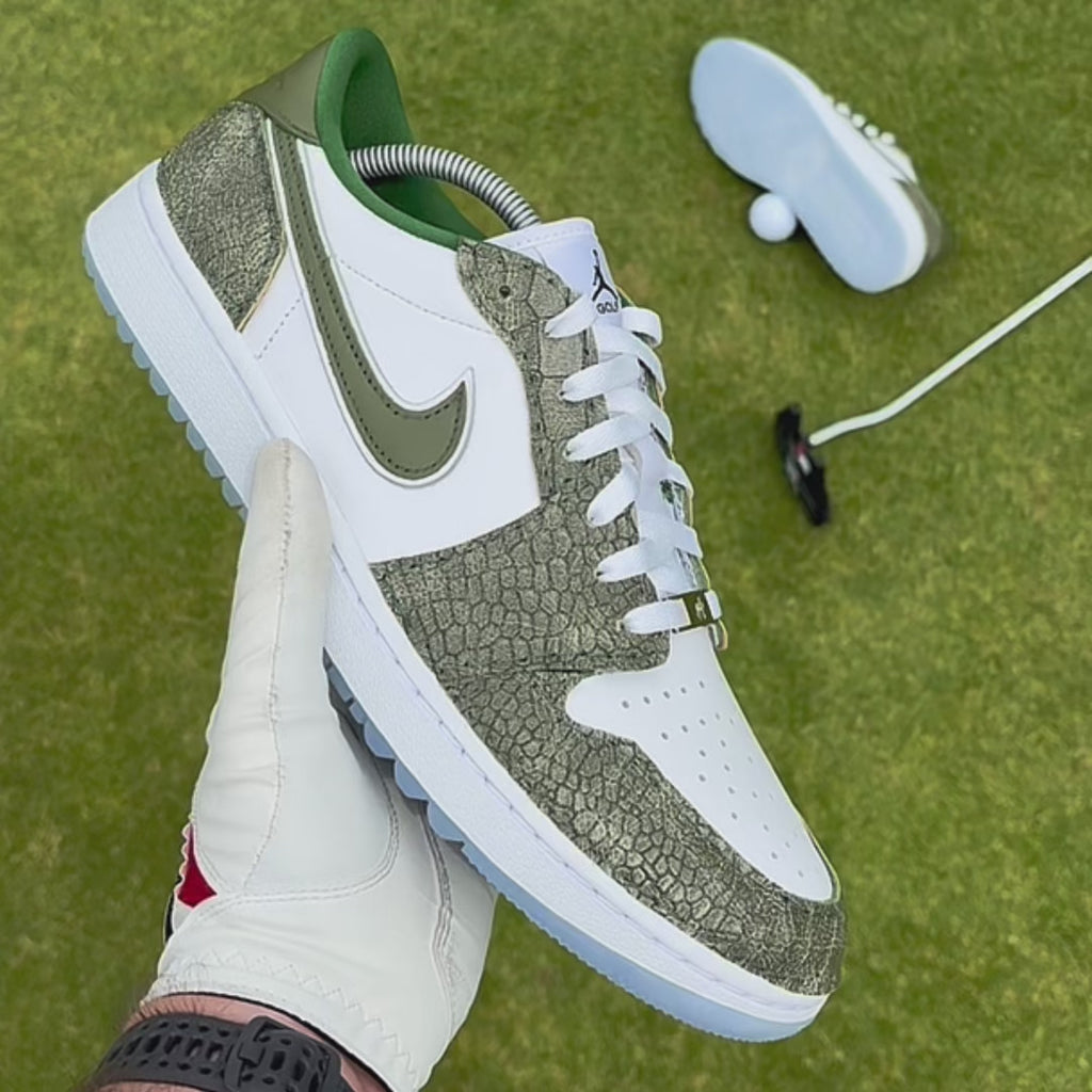 Video showing the customisation process of the Emerald Reserve Jordan 1 Low Golf, featuring textured green leather panels, hand-painted details and the finished custom golf trainers by MattB Customs