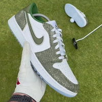 Video showing the customisation process of the Emerald Reserve Jordan 1 Low Golf, featuring textured green leather panels, hand-painted details and the finished custom golf trainers by MattB Customs