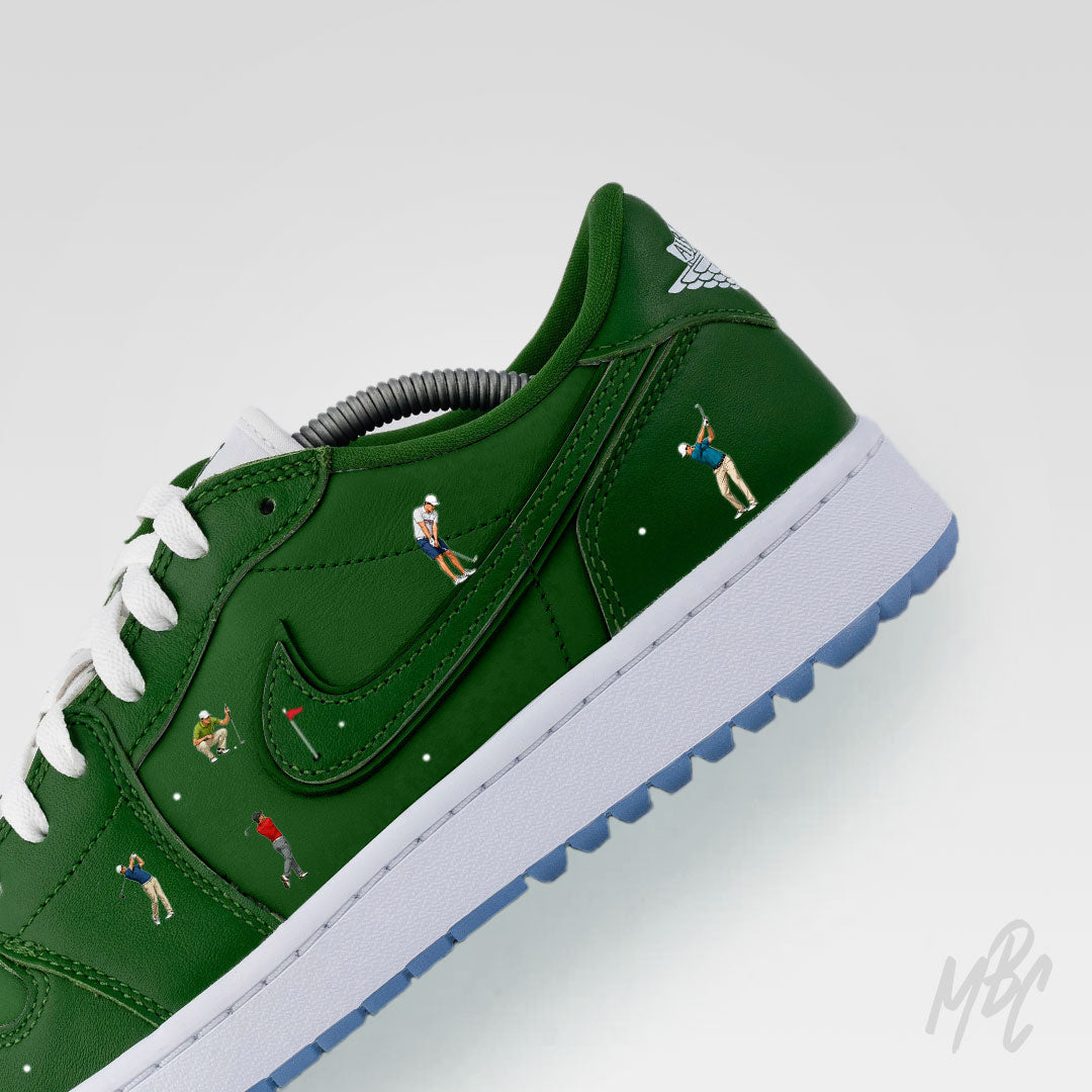 Sunday Golf Club custom Nike Jordan 1 Low Golf sneaker with miniature golfer artwork and green leather upper detail