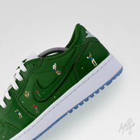 Sunday Golf Club custom Nike Jordan 1 Low Golf sneaker with miniature golfer artwork and green leather upper detail
