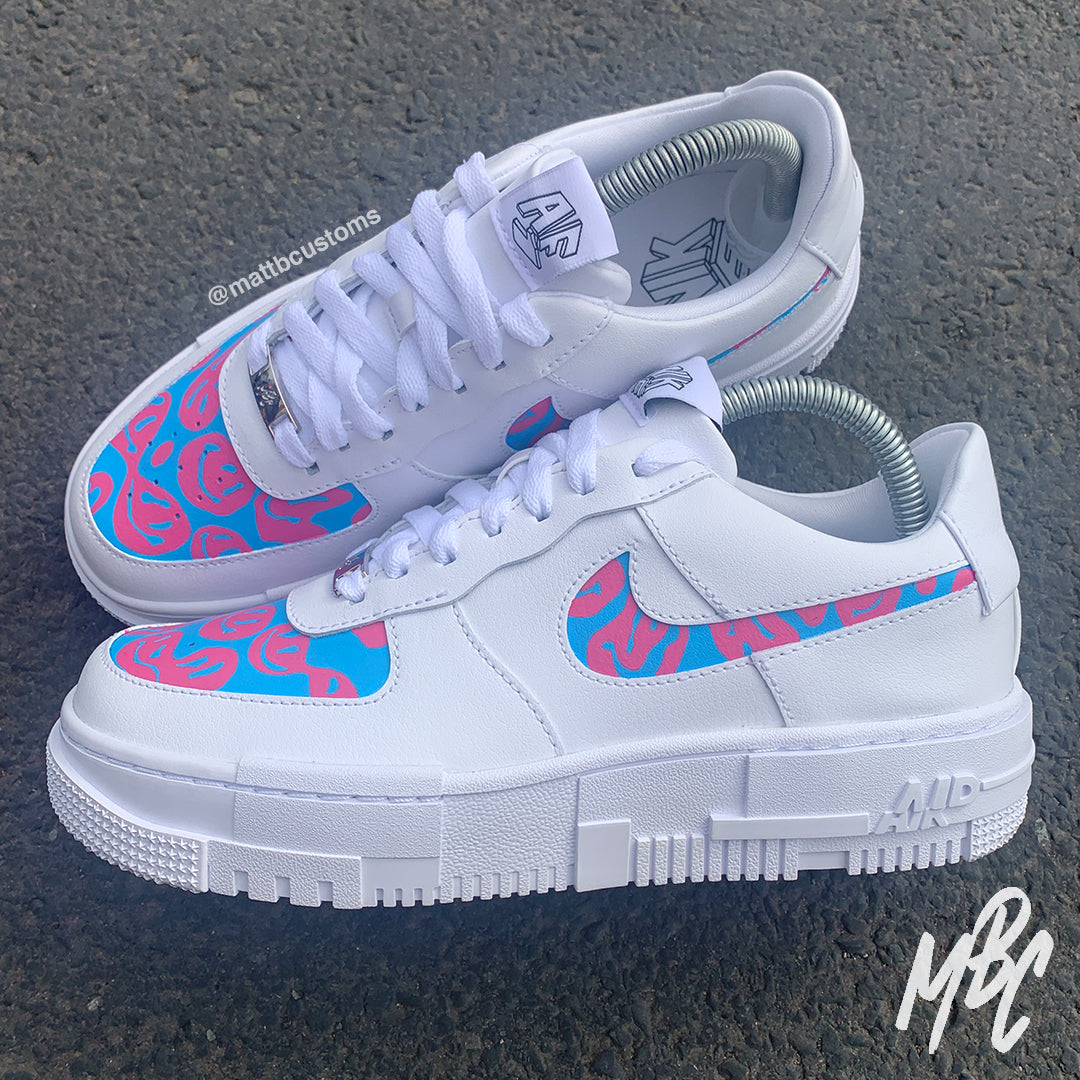 Nike Air Force 1 Pixel Trainers with Pink and Blue Hand Painted Trippy Smiley Camo Custom Design