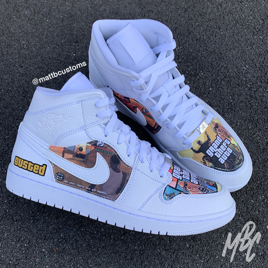 NIKE JORDAN 1 CUSTOM TRAINERS WITH SAN ANDREAS LIVIN' MATERIAL DESIGN WITH HAND PAINTED WRITING